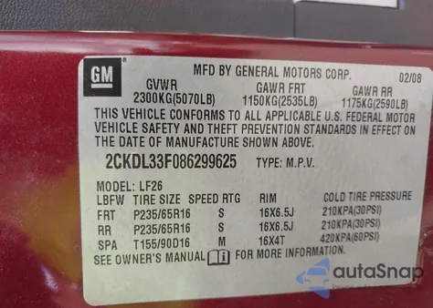 2008 Pontiac Torrent z USA, uszkodzony, nr VIN 2CKDL33F086299625
